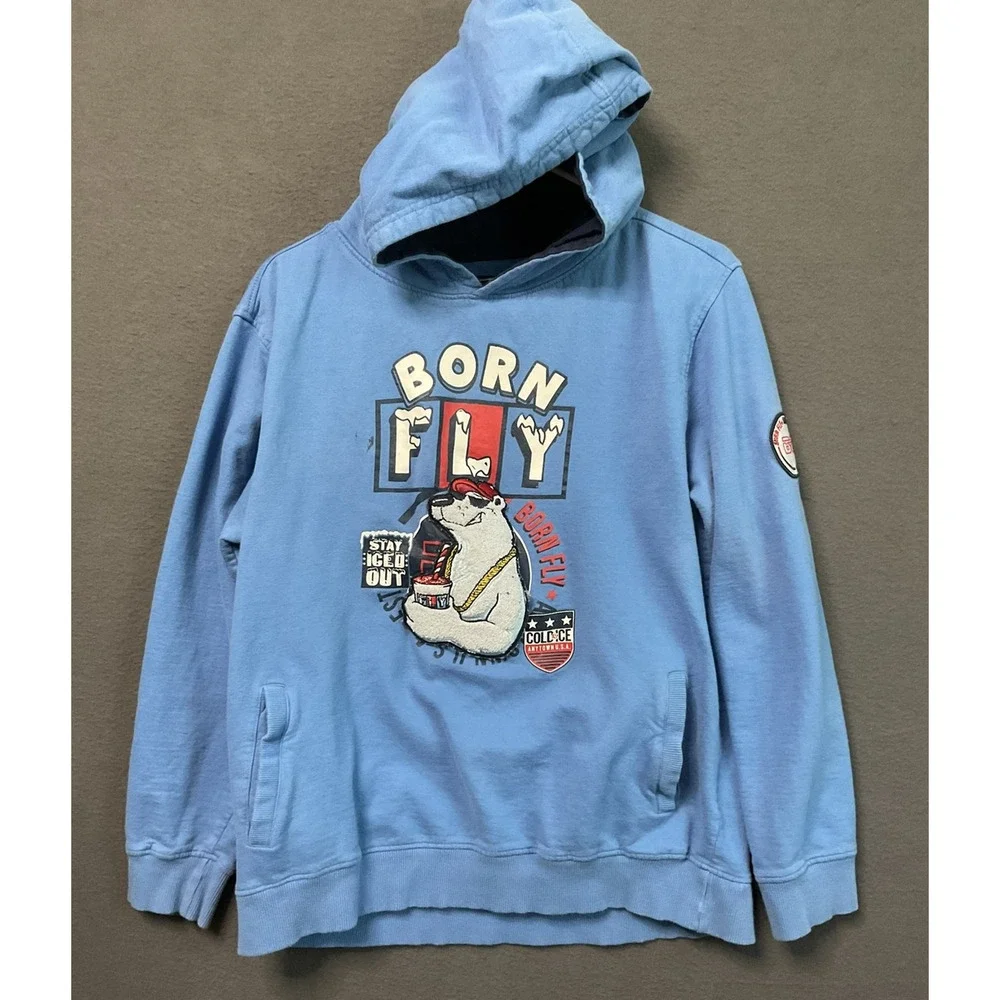 Born Fly Hoodie Youth XL 18-20 Blue Polar‎ Bear Graphic Stay Iced Out Pullover